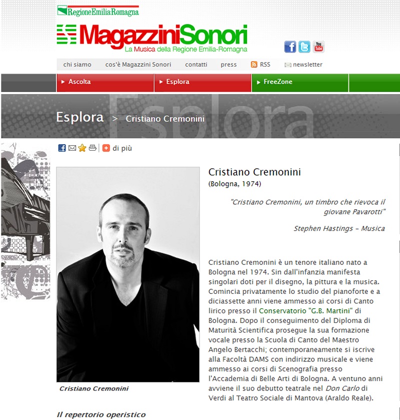 Biografia Cristiano Cremonini per Magazzini Sonori Regione Emilia Romagna