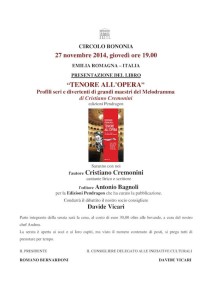 Tenore all'Opera di Cristiano Cremonini presentato al prestigioso Circolo Bononia di Palazzo Bolognetti a Bologna