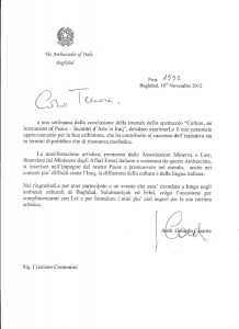 Lettera Cristiano Cremonini Ambassador of Italy