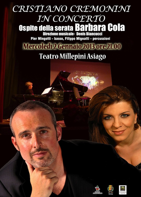 Cristiano Cremonini in concerto ad Asiago il 2 gennaio 2013 con Barbara Cola e Denis Biancucci al pianoforte