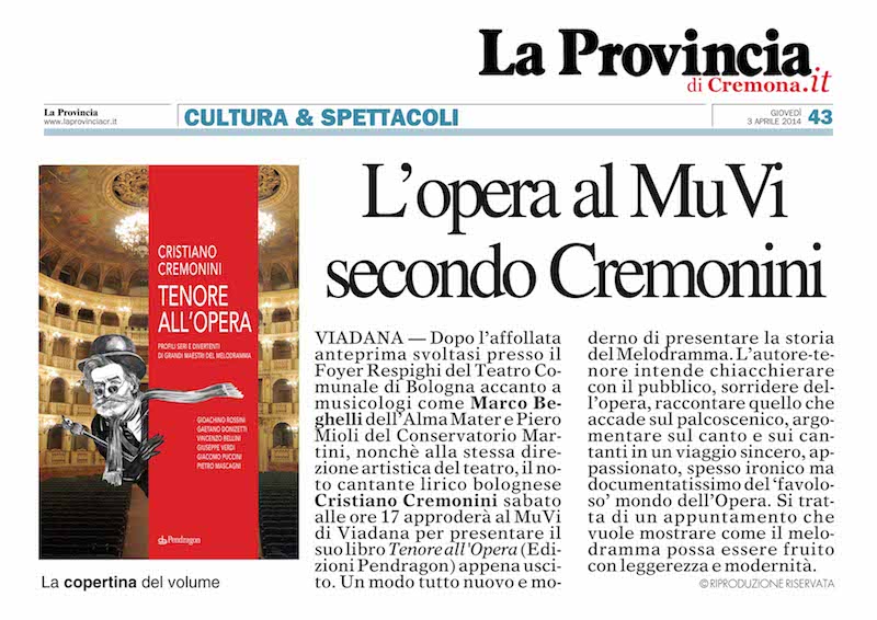 La Provincia di Cremona "Tenore all'Opera" recensione per MuVi Viadana